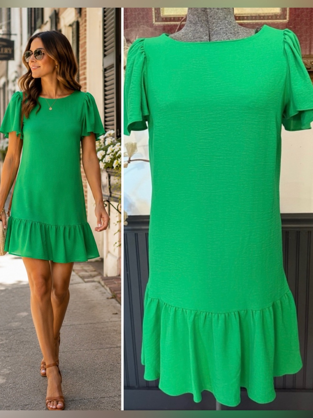 DKNY Kelly Green Drop Waist Flutter Sleeve Ruffle Hem Dress Size 2 💚🍄
